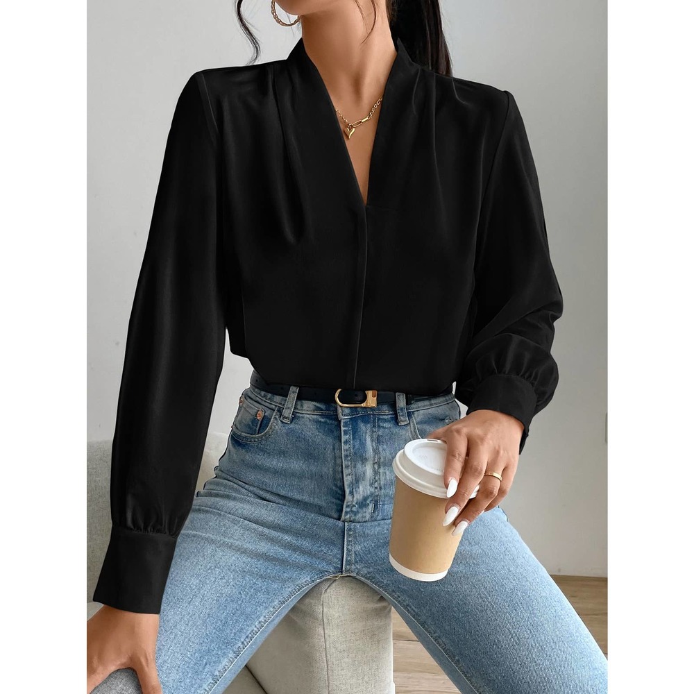 Long sleeve draped v neck Solid Bishop Sleeve Blouse brown - Picture 4 of 8